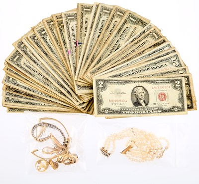 Lot 2071 - Group of Gold, Cultured Pearl and Gem-Set Jewelry and United States Banknotes