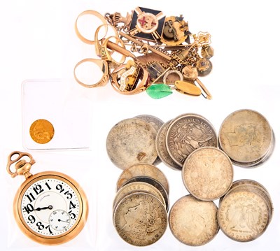 Lot 2072 - Group of Gold and Gold-Filled Jewelry, Open-Faced Pocket Watch and Group of United States Silver Coins and Gold Coin
