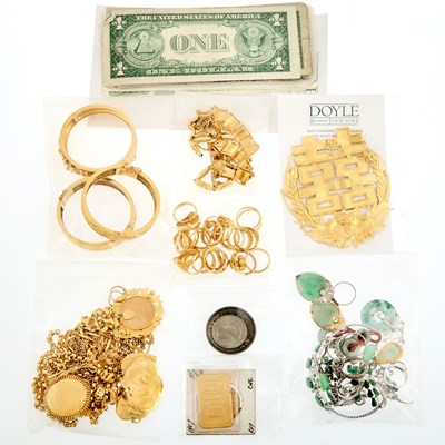 Lot 2075 - Group of High Karat Gold and Gold Jewelry and Group of United States Coins and Banknotes and Bullion Bar