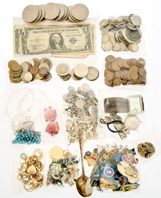 Lot 2080 - Group of Gold, Low Karat Gold, Gold-Filled, Silver and Metal Jewelry and Group of United States and Foreign Coins, Banknotes and Tokens