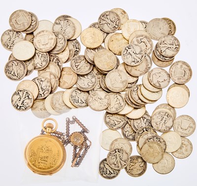 Lot 2081 - Rockford Gold Hunting-Case Pocket Watch, Gold-Filled Watch Fob Chain and Group of United States Silver Coins