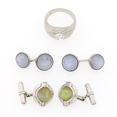 Lot 2086 - Two Pairs of Platinum, Cabochon Cat's Eye Chrysoberyl, Gray Star Sapphire and Diamond Cufflinks and Platinum and Diamond Ring
