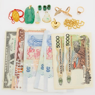 Lot 2097 - Group of Gold, Metal, Diamond and Jade Jewelry and Group of United States and Foreign Banknotes