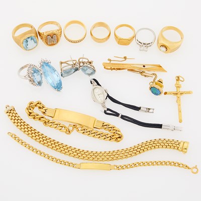 Lot 2098 - Group of Yellow and White Gold, Metal, Aquamarine and Diamond Jewelry