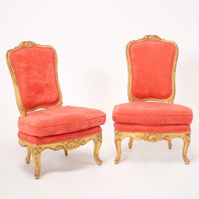 Lot 338 - Pair of Louis XV Giltwood Upholstered Chauffeuses