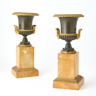 Lot 238 - Pair of Gilt and Patinated Bronze Urns on Marble Pedestal Bases