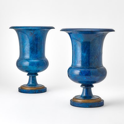 Lot 341 - Pair of Faux Lapis Lazuli Painted Plaster Urns