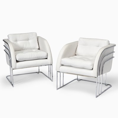 Lot 447 - Pair of George Mergneov Chromed Metal and Upholstered Lounge Chairs