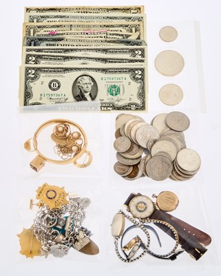 Lot 2116 - Group of United States Silver, Clad and Metal Coins and Banknotes and Group of Gold, Low Karat Gold, Silver and Metal Jewelry and Wristwatches