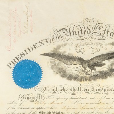 Lot 245 - Appointment signed by Lincoln and Stanton promoting Wesley Merritt Brigadier General