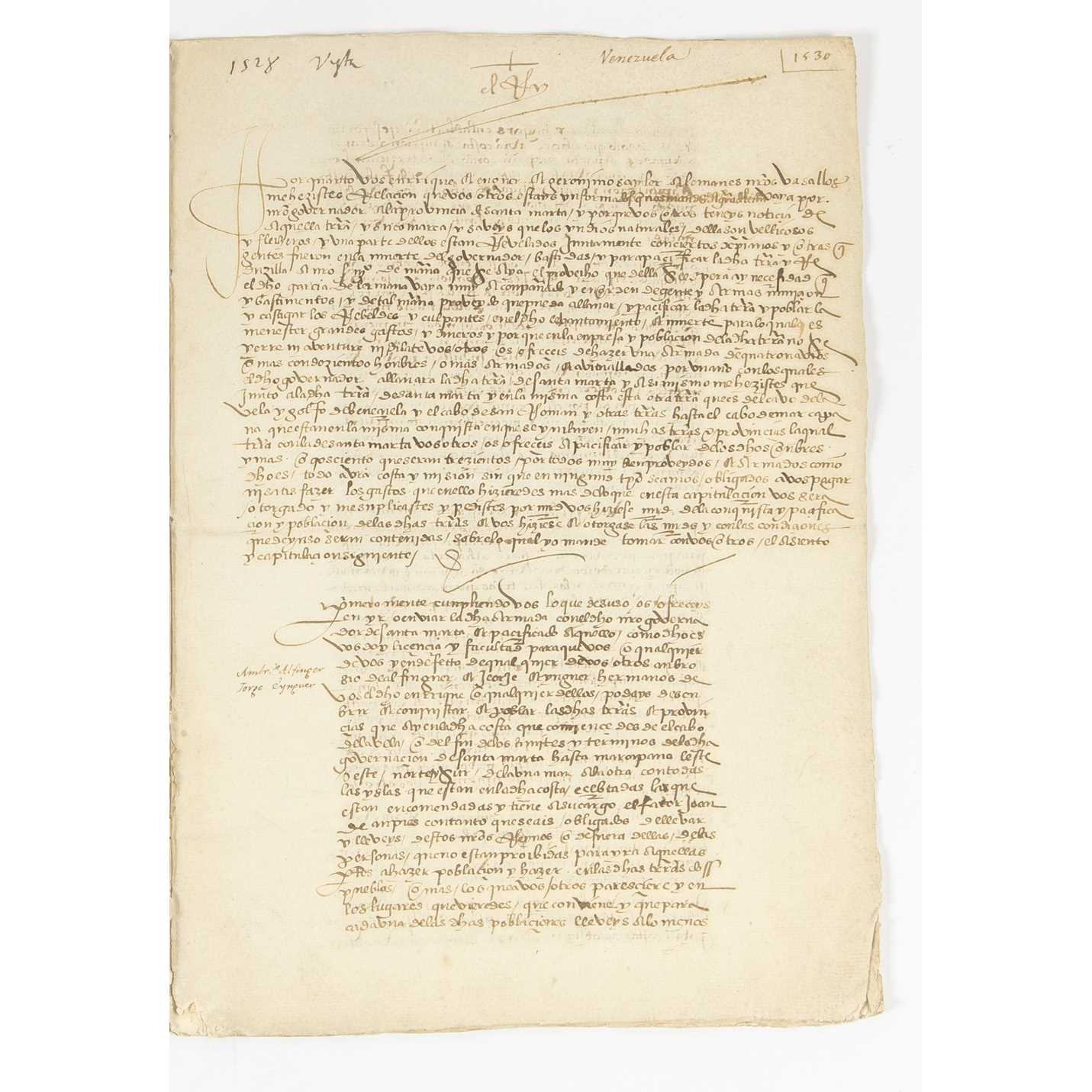 Lot 5 - Manuscript of the contract governing German conquistadors in Venezuela
