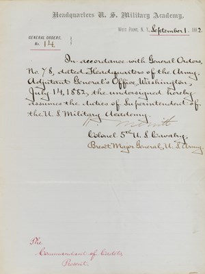 Lot 300 - Document promoting Wesley Merritt to command at West Point