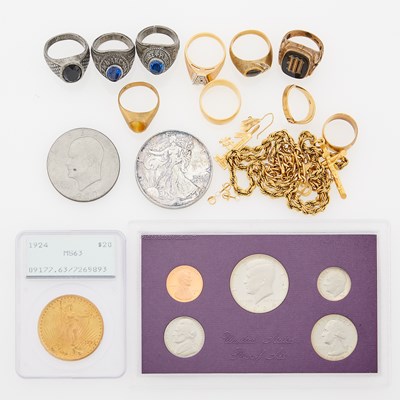 Lot 2133 - Group of United States Gold, Silver, Clad and Metal Coins, Group of Gold, Low Karat Gold, Gold-Filled, Silver and Metal Jewelry