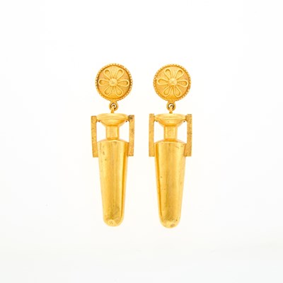Lot 2115 - Pair of Gold Urn Pendant-Earrings