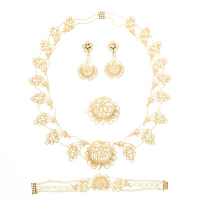 Lot 2135 - Antique Seed Pearl and Gold Necklace, Bracelet, Pair of Pendant-Earclips and Brooch