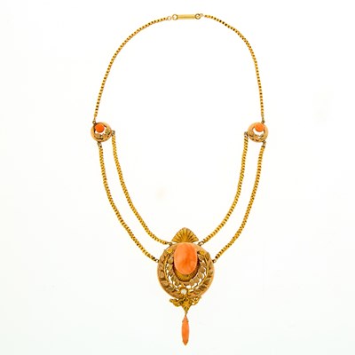Lot 2116 - Antique Gold, Low Karat Variegated Gold, Coral and Diamond Pendant Swag Necklace