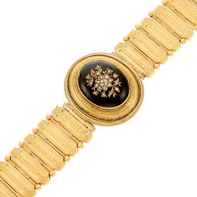 Lot 2109 - Antique Gold, Low Karat Gold, Black Enamel and Diamond Bracelet, France