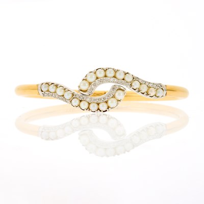 Lot 2125 - Two-Color Gold, Cultured Pearl and Diamond Bangle Bracelet
