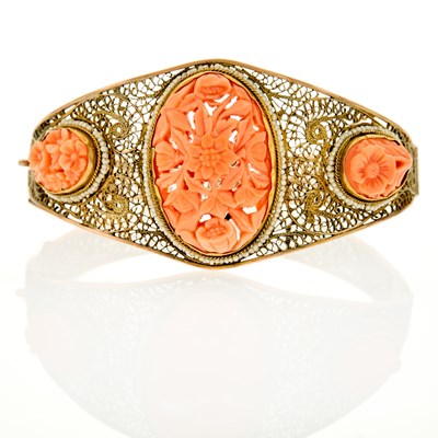 Lot 2134 - Antique Gold, Low Karat Gold, Silver-Gilt, Carved Coral and Seed Pearl Filigree Bracelet