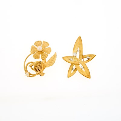 Lot 2101 - Erwin Pearl Gold and Diamond Star Brooch and Costume Flower Brooch
