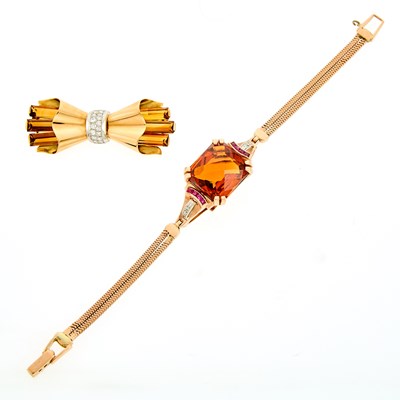 Lot 2099 - Retro Tricolor Gold, Citrine, Diamond and Ruby Bracelet and Brooch