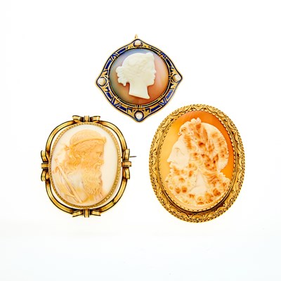 Lot 2129 - Three Gold, Shell and Hardstone Cameo Brooches