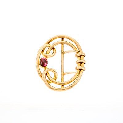 Lot 2122 - Antique Low Karat Gold and Cabochon Garnet Belt Buckle