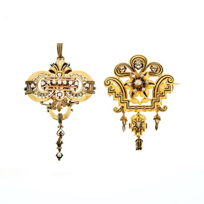 Lot 2124 - Gold and Diamond Brooch and Gold, Silver-Gilt and Diamond Pendant