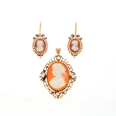 Lot 2111 - Antique Gold, Sardonyx Cameo, White Enamel and Pearl Pendant-Brooch and Pair of Pendant-Earrings