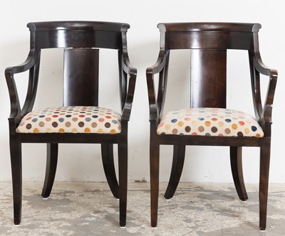 Lot 60 - Pair of Baker "Klismos" Upholstered Ebonized Open Armchairs