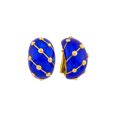 Lot 36 - Tiffany & Co., Schlumberger Pair of Gold and Paillonné Blue Enamel 'Banana' Earclips, France