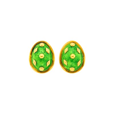 Lot 9 - Tiffany & Co., Schlumberger Pair of Gold and Green Paillonné Enamel 'Dot Lozenge' Earclips