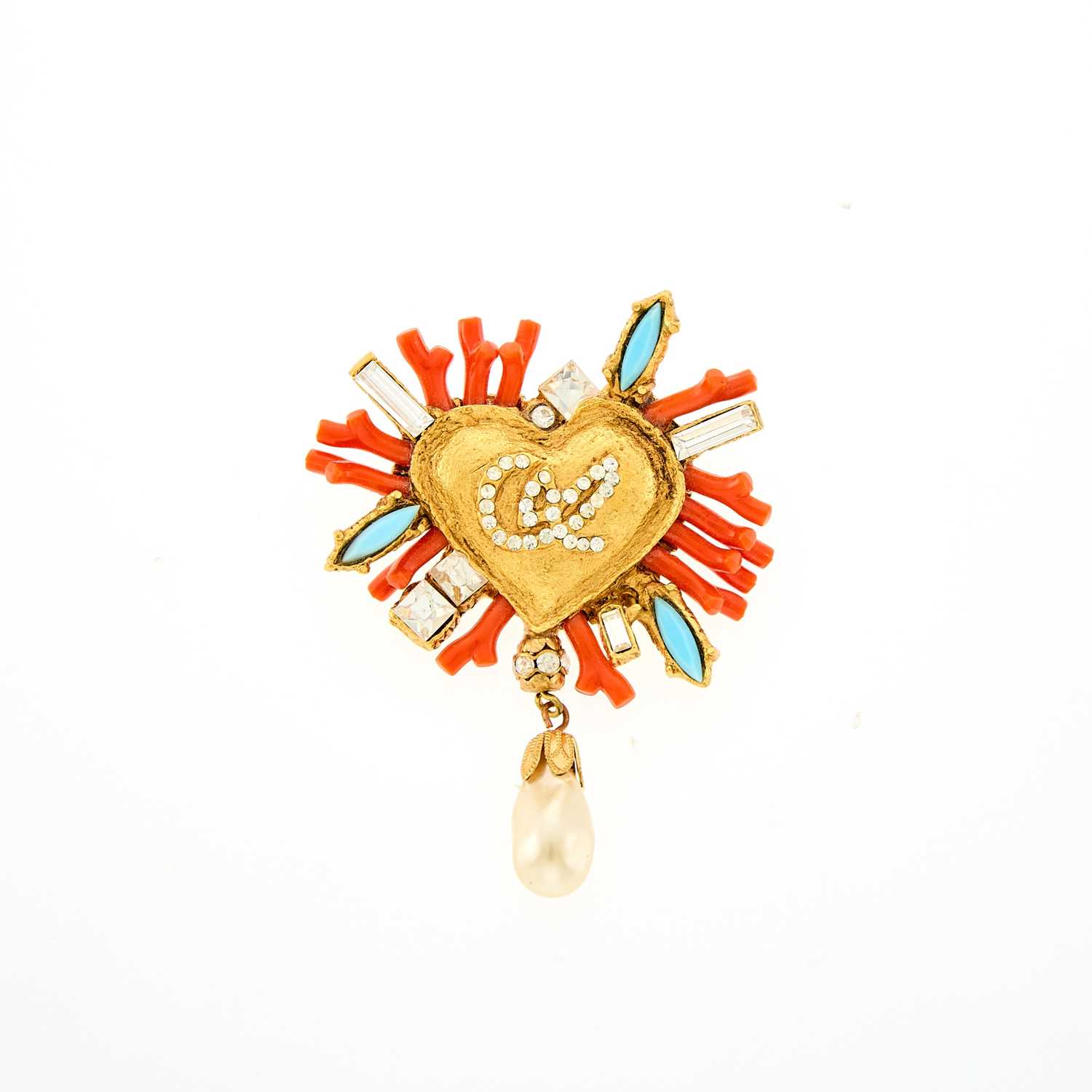 Lot 1150 - Christian Lacroix Coral, Turquoise, Rhinestone and Imitation Pearl Brooch, France