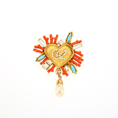 Lot 1150 - Christian Lacroix Coral, Turquoise, Rhinestone and Imitation Pearl Brooch, France