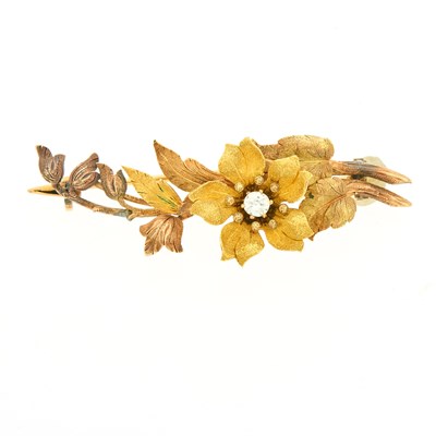Lot 2132 - Tricolor Gold and Diamond Flower Brooch