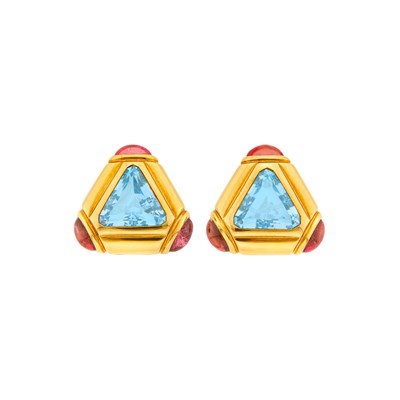Lot 49 - Bulgari Pair of Gold, Blue Topaz and Cabochon Pink Tourmaline Earrings