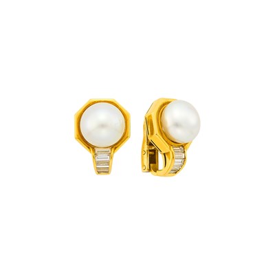 Lot 52 - Bulgari Pair of Gold, South Sea Cultured Pearl and Diamond Earrings