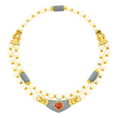 Lot 51 - Bulgari Gold, Cultured Pearl, Pink Tourmaline, Carved Hematite and Diamond Swag Necklace