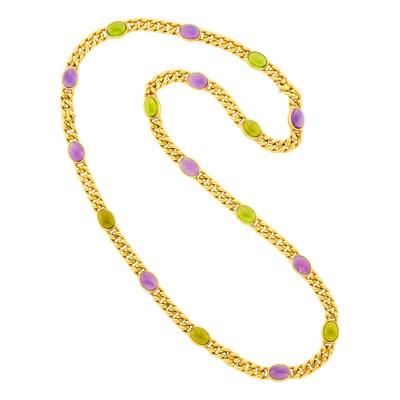 Lot 104 - Bulgari Long Gold and Cabochon Colored Stone Curb Link Chain Necklace