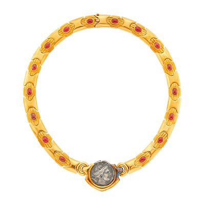 Lot 100 - Bulgari Gold, Silver Coin and Cabochon Ruby Necklace