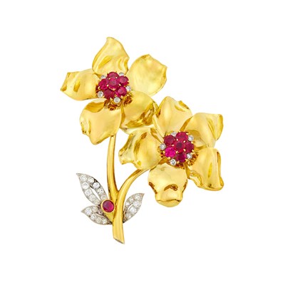 Lot 150 - Cartier London Gold, Platinum, Ruby and Diamond Flower Clip-Brooch, France