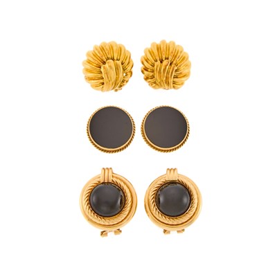 Lot 1221 - Three Pairs of Gold and Black Onyx Earclips