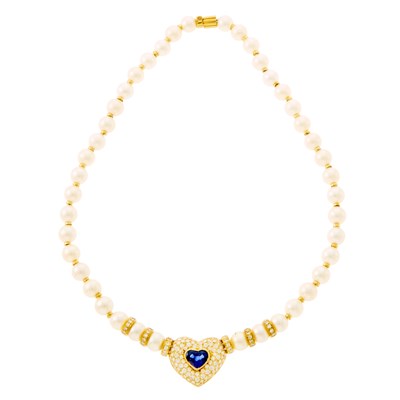 Lot 1079 - Gold, Cultured Pearl, Sapphire and Diamond Necklace