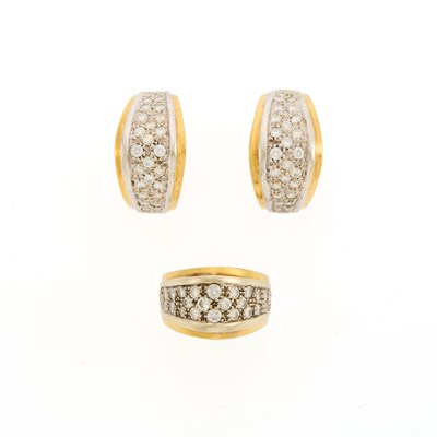 Lot 2210 - Pair of Two-Color Gold and Diamond Half-Hoop Earrings and Ring