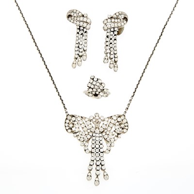 Lot 2067 - Silver and Diamond Pendant-Necklace, Pair of Pendant-Earrings and Ring