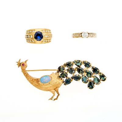 Lot 2240 - Gold, Sapphire and Diamond Ring, White Gold and Diamond Ring, and Sapphire and Opal Peacock Brooch