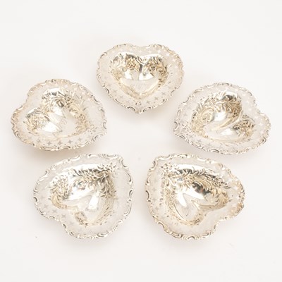 Lot 285 - Set of Five Sterling Heart Form Condiment Dishes