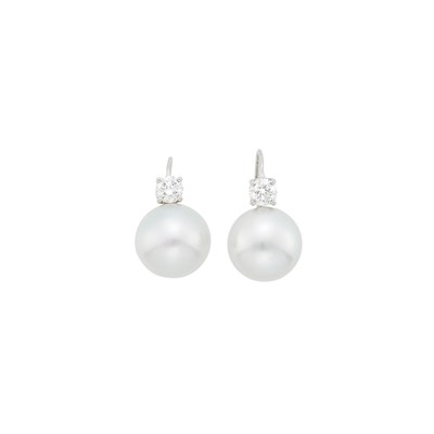 Lot 1129 - Pair of White Gold, South Sea Cultured Pearl and Diamond Earrings