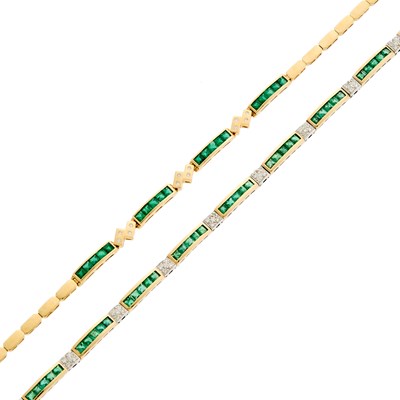 Lot 2211 - Two Gold, Emerald and Diamond Bracelets