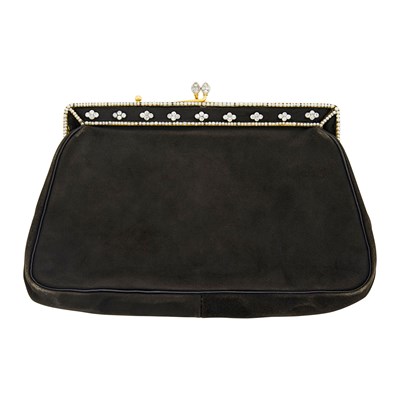 Lot 1176 - Black Suede, Gold, Platinum, Diamond and Seed Pearl Clutch, France
